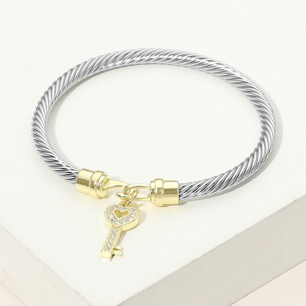 Two Tone CZ Key Charm Everyday Twisted Cable Bangle Bracelet Silver Gold Hook
